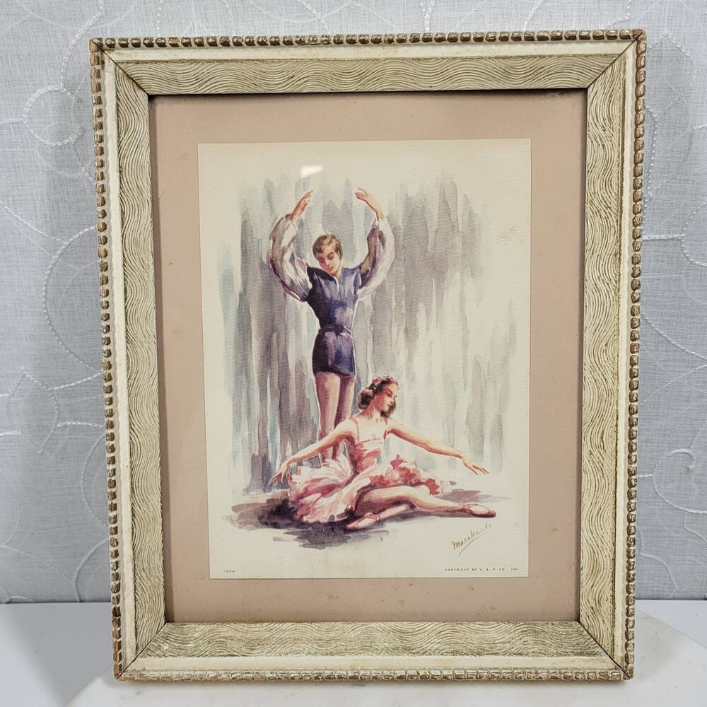 VTG Marchaude Ballet Dancer Ballerina Watercolor White Wood Framed Art Print